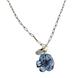 Blue Floral Air Dry Air Dry Clay Pendant Stainless Steel Paper Clip Necklace